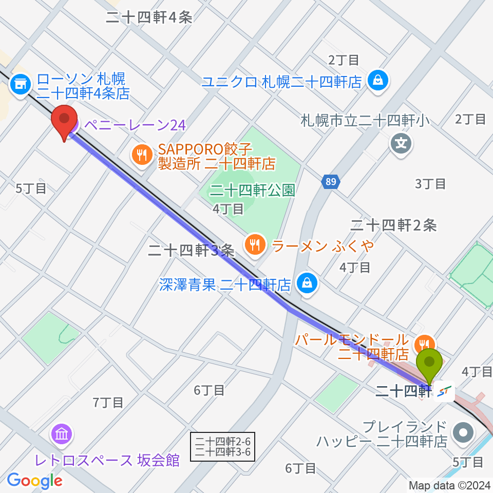 二十四軒駅から札幌ペニーレーン24へのルートマップ地図