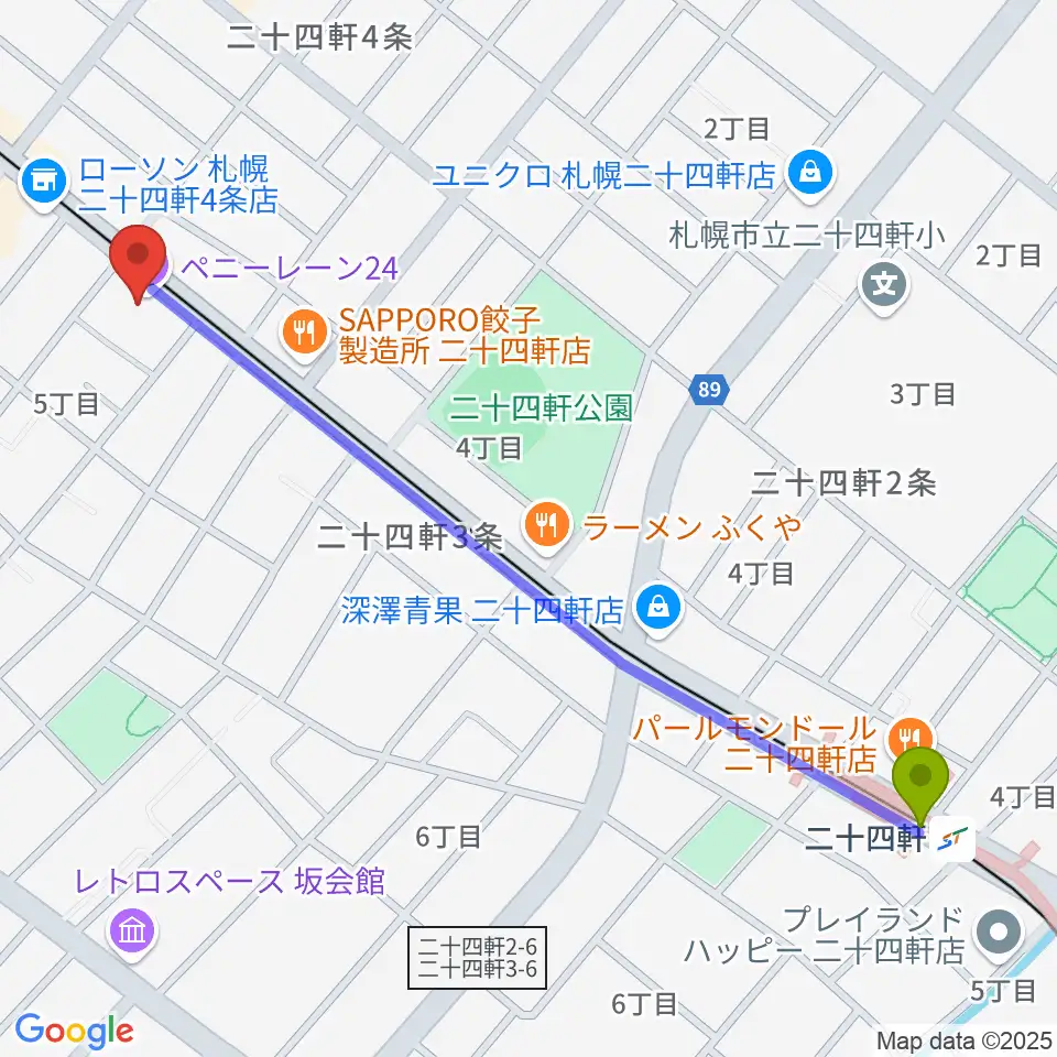 二十四軒駅から札幌ペニーレーン24へのルートマップ地図