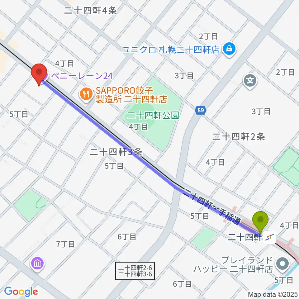 二十四軒駅から札幌ペニーレーン24へのルートマップ地図