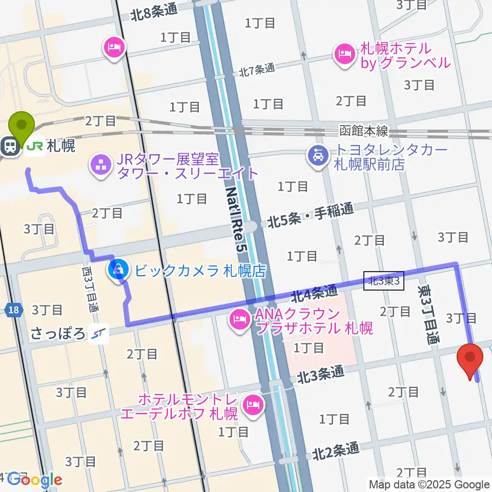 札幌駅から札幌cube gardenへのルートマップ地図