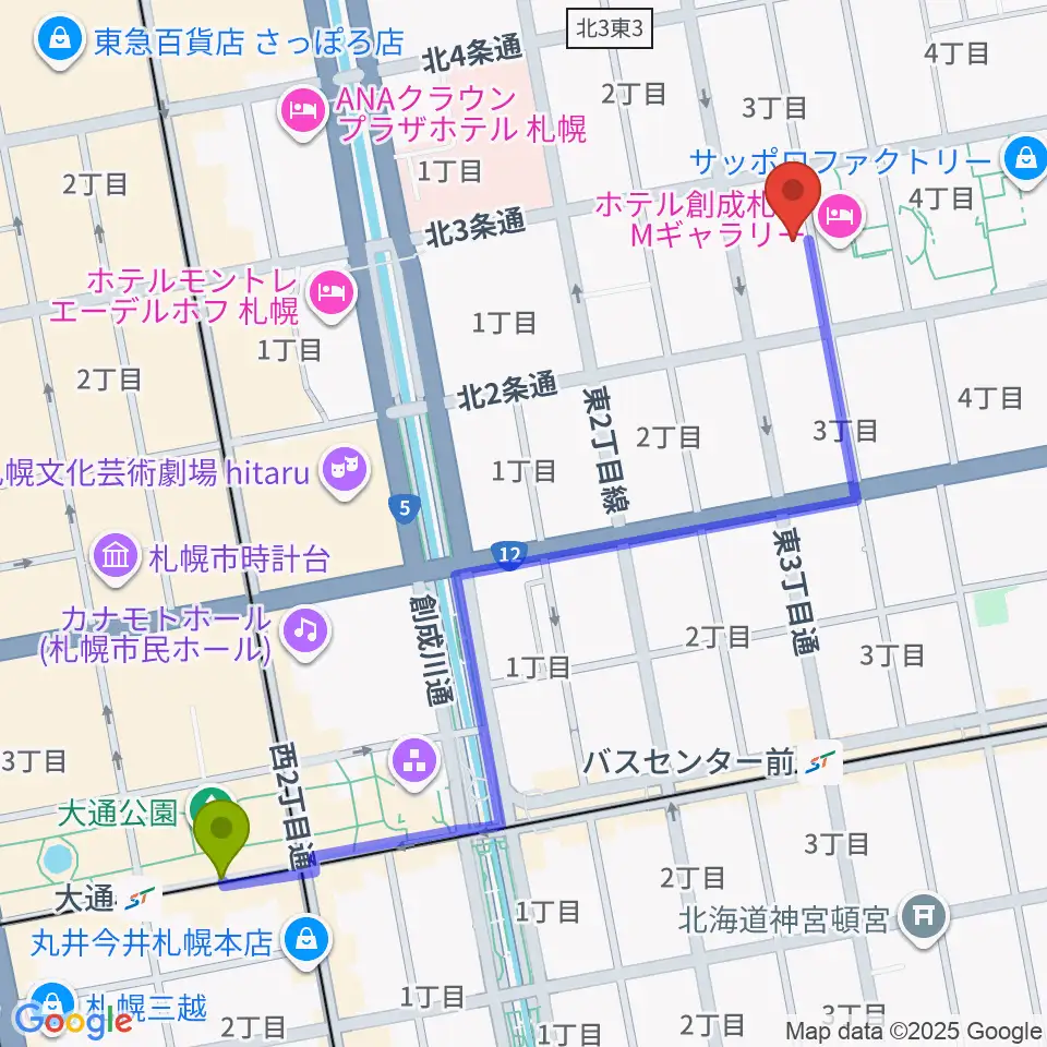 大通駅から札幌cube gardenへのルートマップ地図