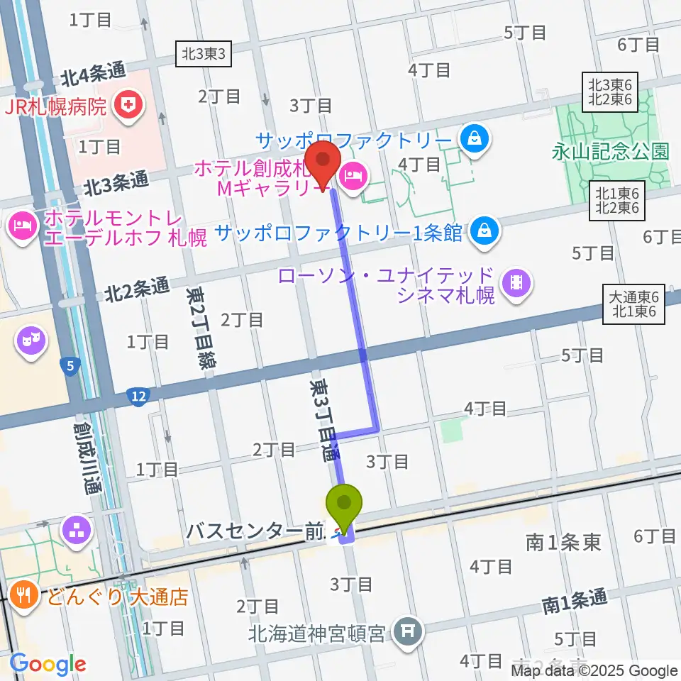 札幌cube gardenの最寄駅バスセンター前駅からの徒歩ルート（約7分）地図