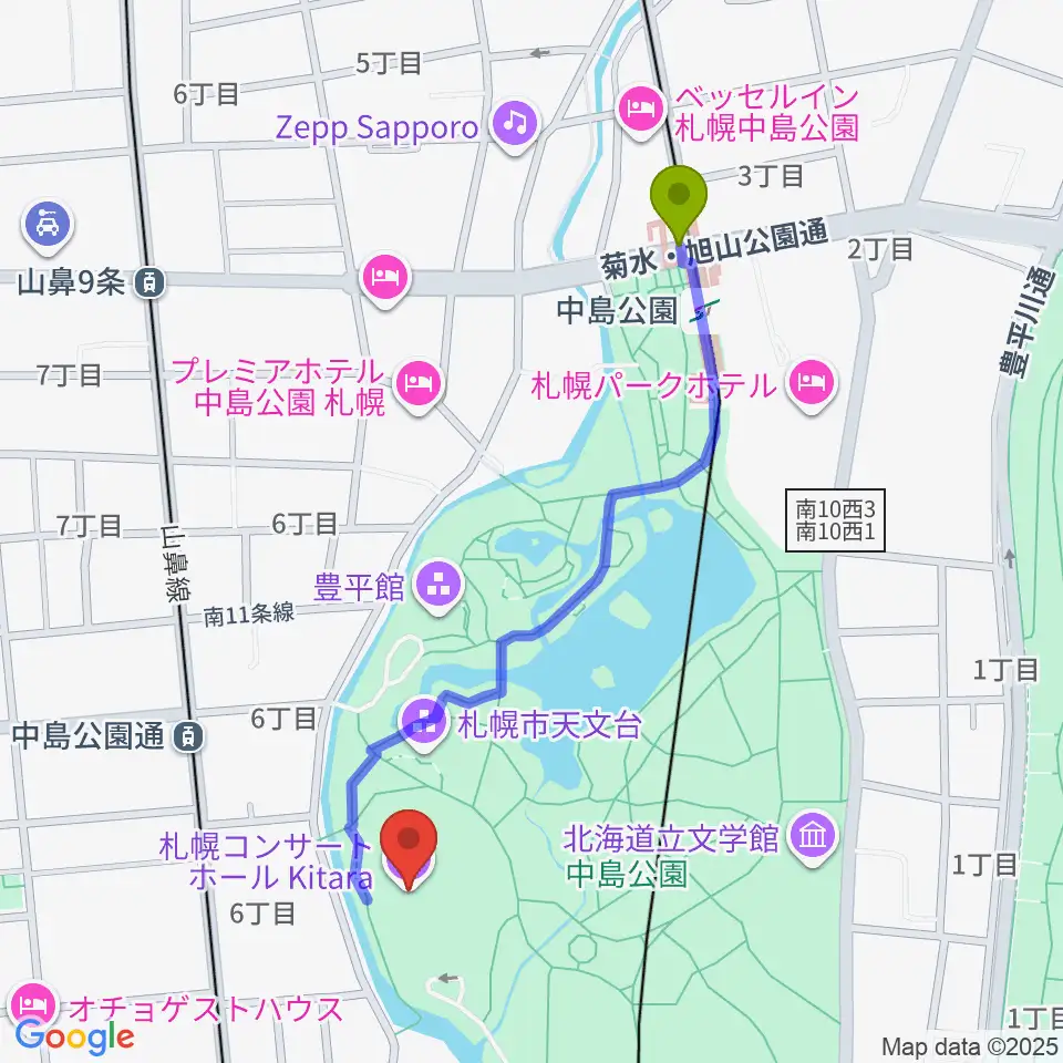 中島公園駅から札幌コンサートホールKitaraへのルートマップ地図