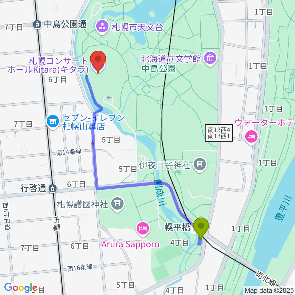 幌平橋駅から札幌コンサートホールKitaraへのルートマップ地図
