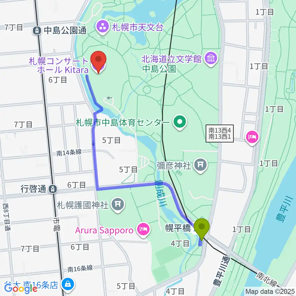 幌平橋駅から札幌コンサートホールKitaraへのルートマップ地図