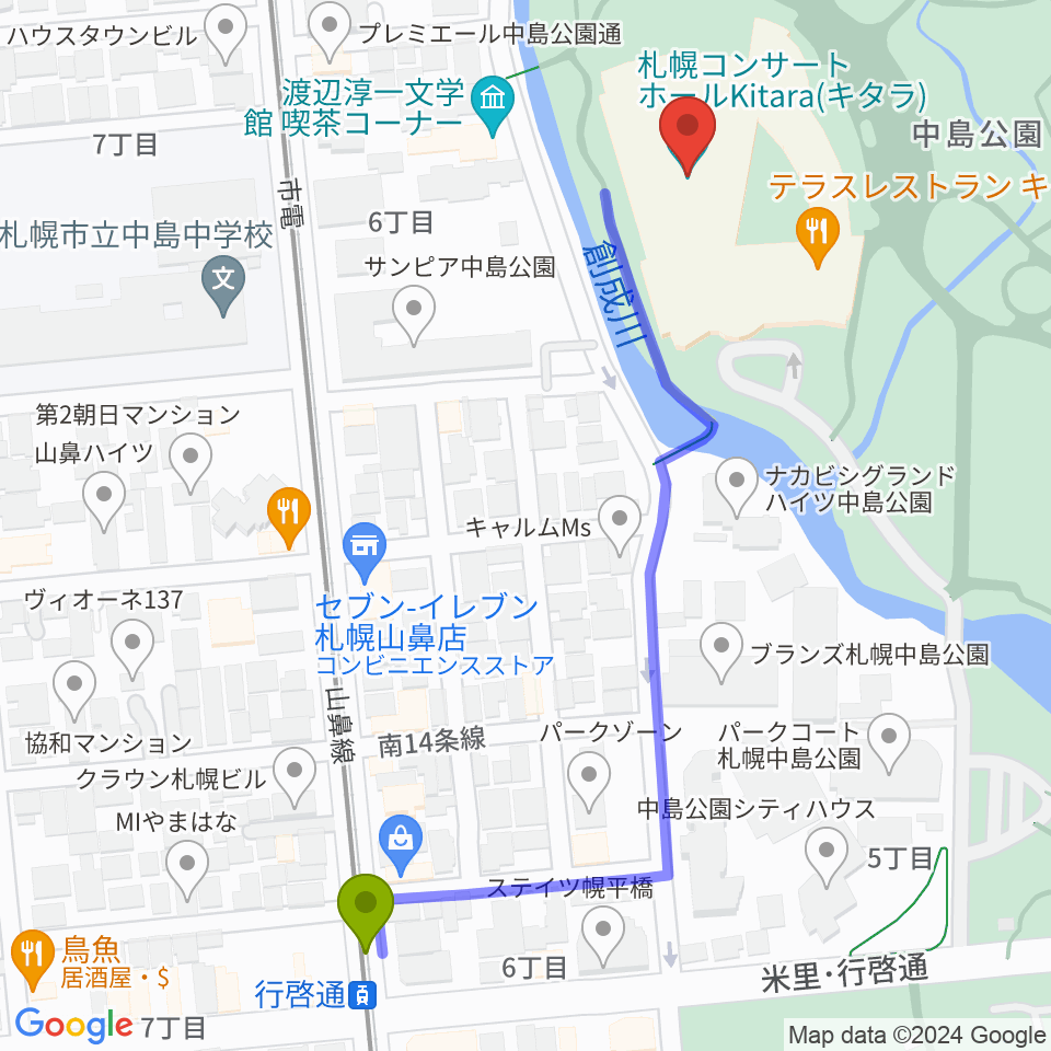 行啓通駅から札幌コンサートホールKitaraへのルートマップ地図