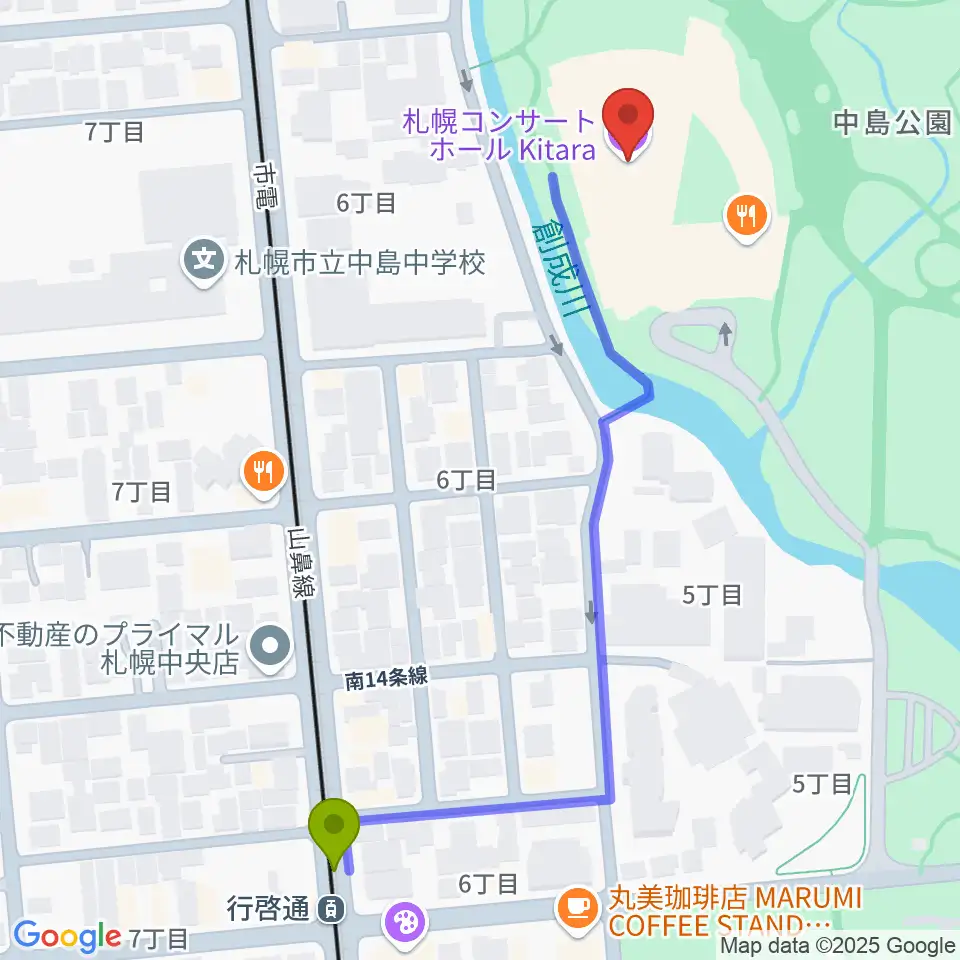 行啓通駅から札幌コンサートホールKitaraへのルートマップ地図