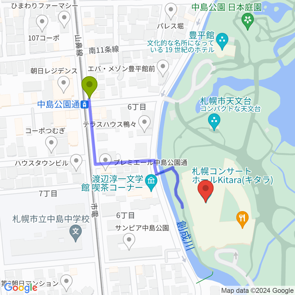 札幌コンサートホールKitaraの最寄駅中島公園通駅からの徒歩ルート（約4分）地図