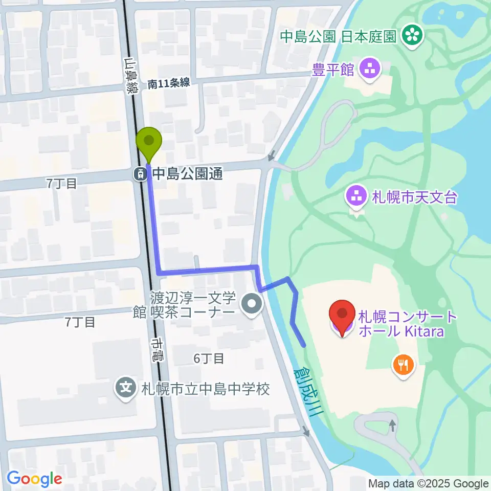 札幌コンサートホールKitaraの最寄駅中島公園通駅からの徒歩ルート（約4分）地図