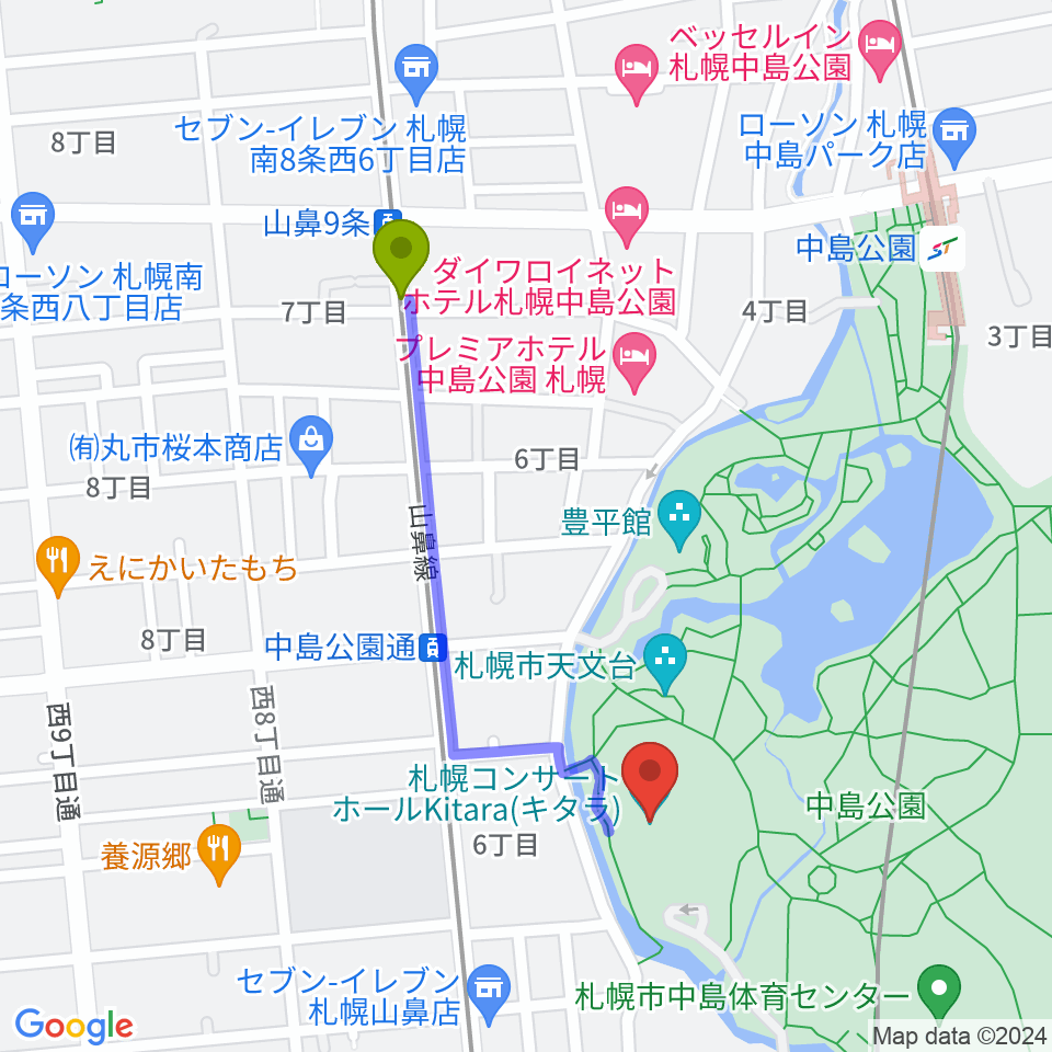 山鼻９条駅から札幌コンサートホールKitaraへのルートマップ地図
