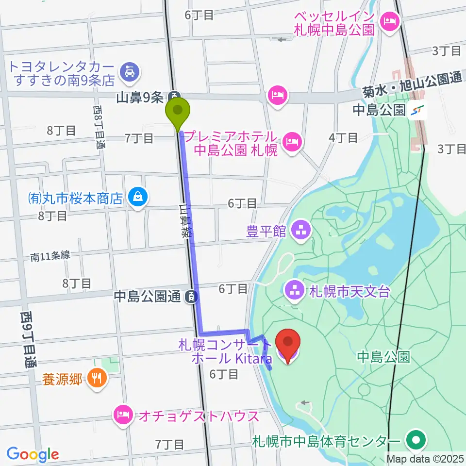 山鼻９条駅から札幌コンサートホールKitaraへのルートマップ地図