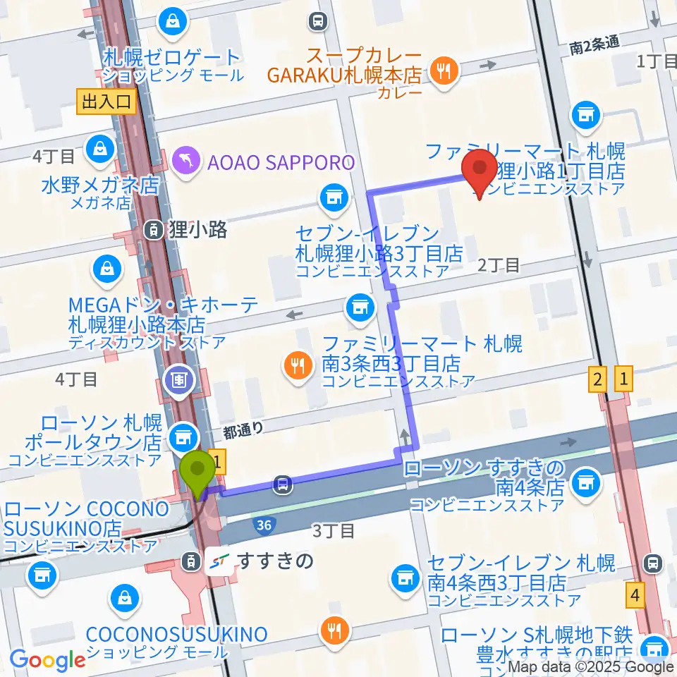 すすきの駅から札幌moleへのルートマップ地図