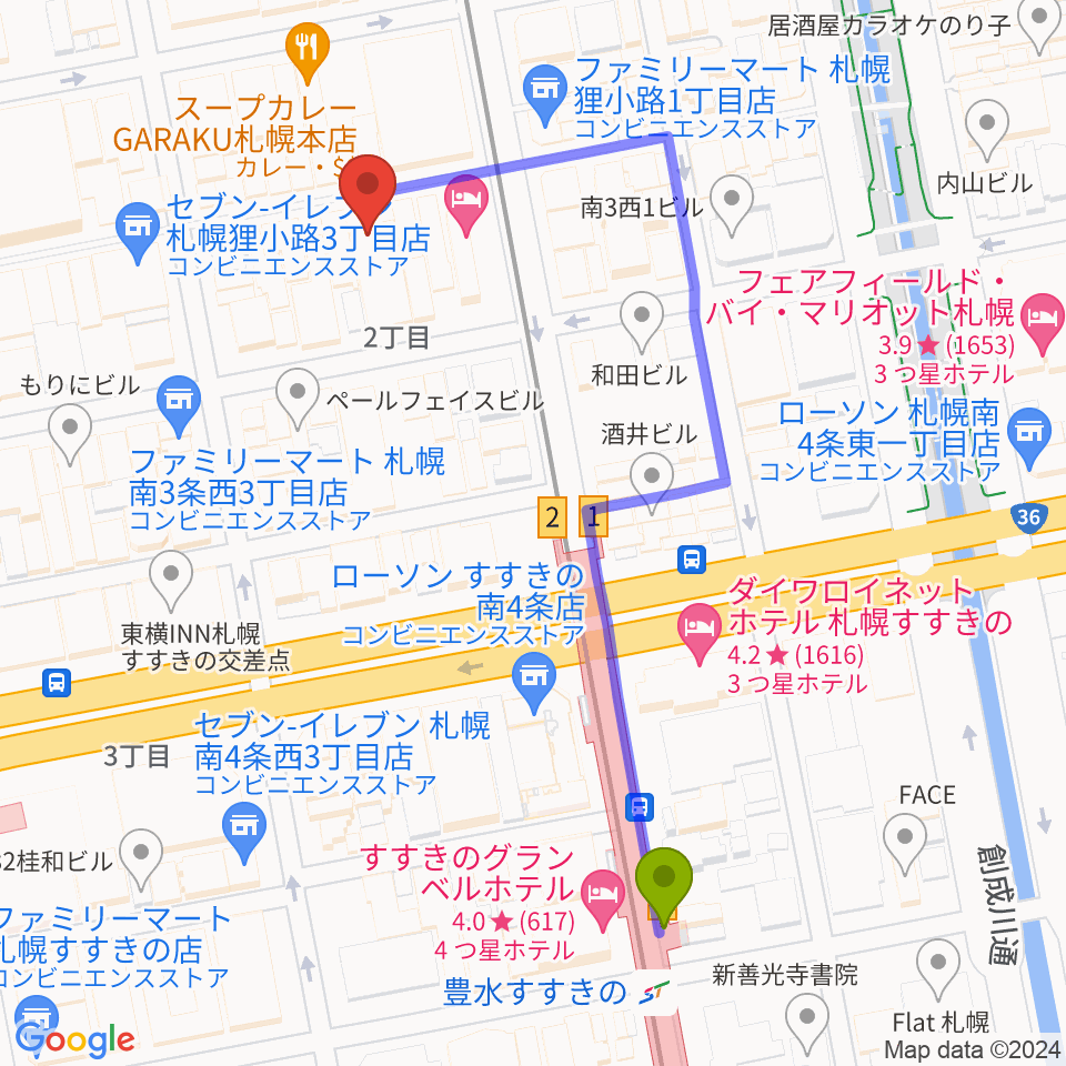 豊水すすきの駅から札幌moleへのルートマップ地図
