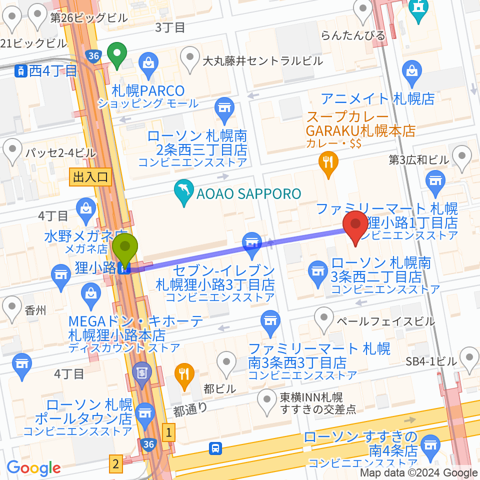 札幌moleの最寄駅狸小路駅からの徒歩ルート（約3分）地図