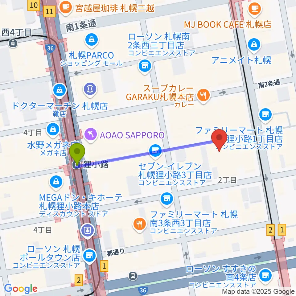 札幌moleの最寄駅狸小路駅からの徒歩ルート（約3分）地図
