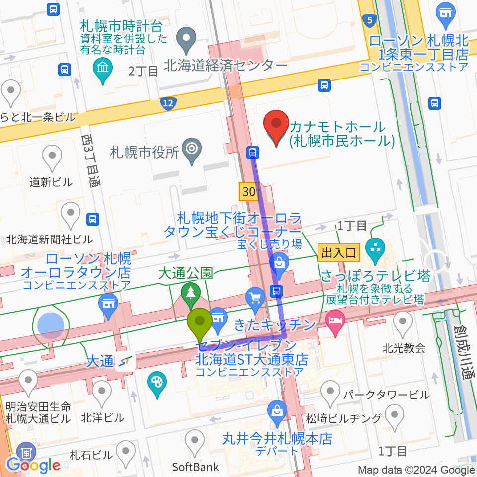 カナモトホール（札幌市民ホール）の最寄駅大通駅からの徒歩ルート（約3分）地図