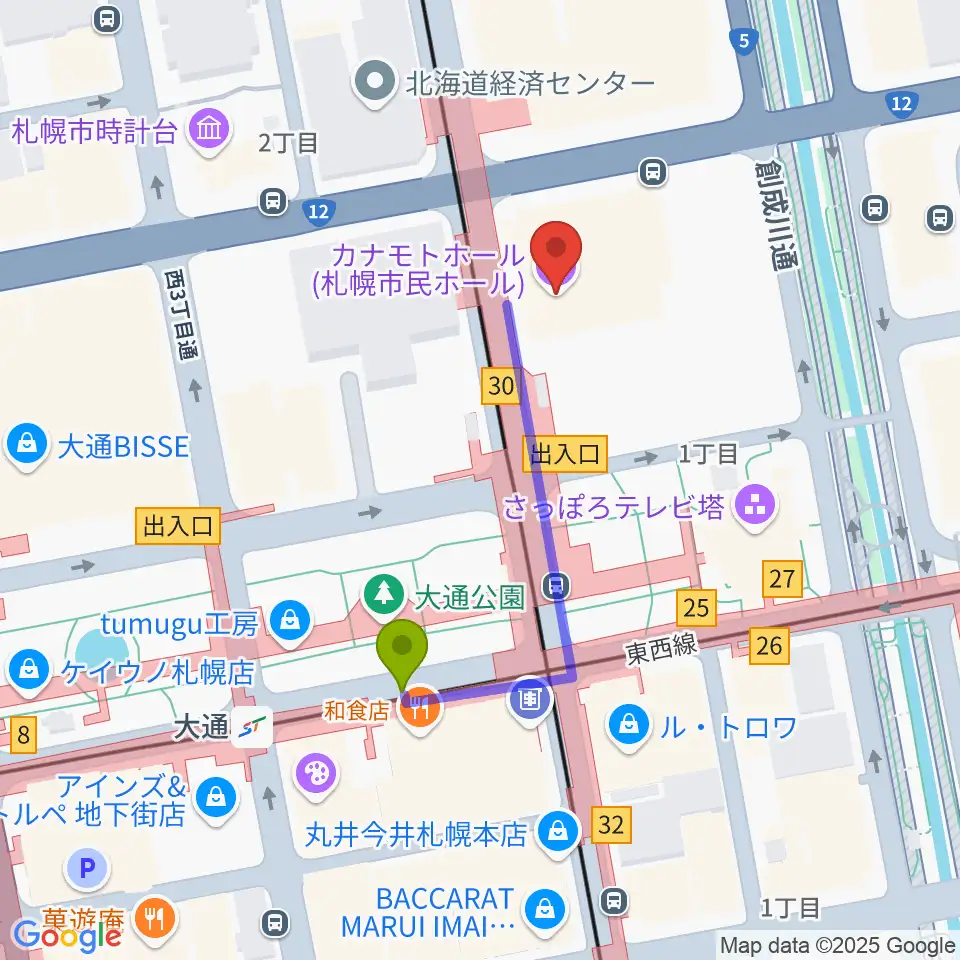 カナモトホール（札幌市民ホール）の最寄駅大通駅からの徒歩ルート（約3分）地図