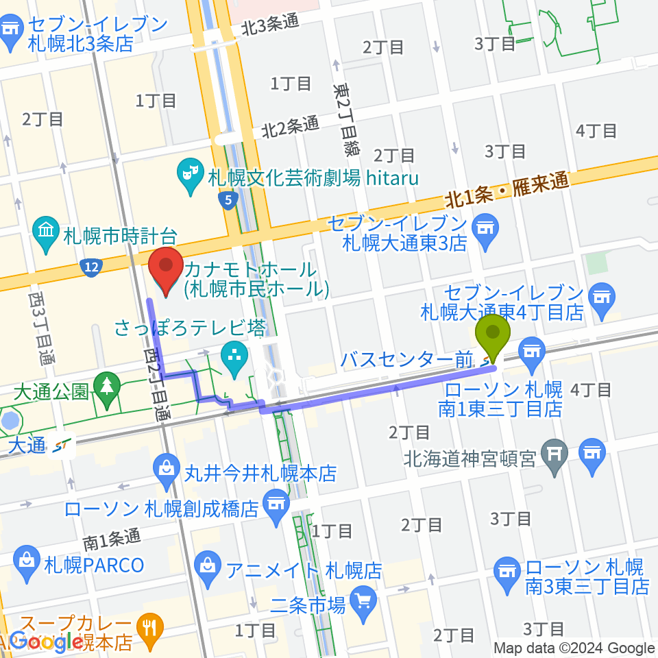 バスセンター前駅からカナモトホール（札幌市民ホール）へのルートマップ地図