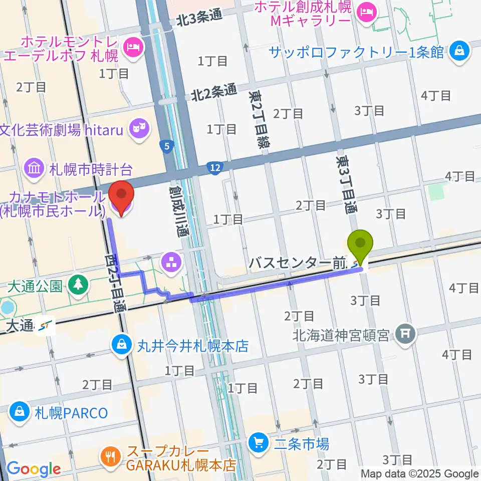 バスセンター前駅からカナモトホール（札幌市民ホール）へのルートマップ地図
