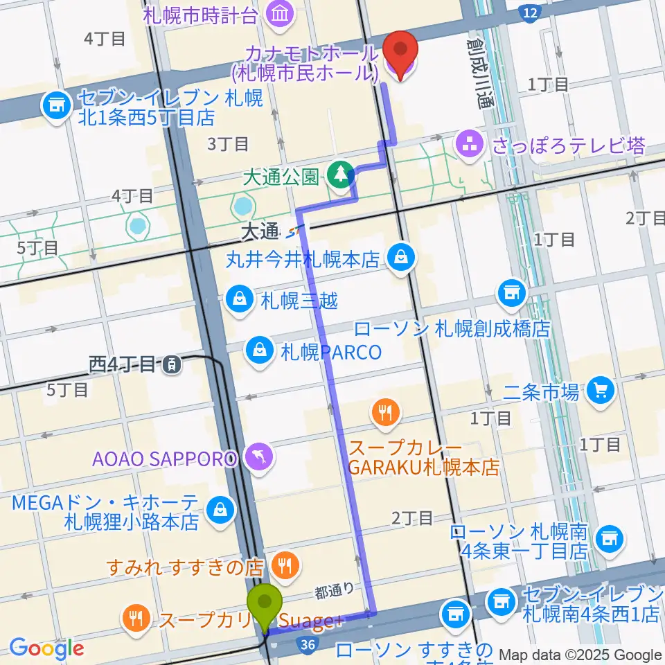 すすきの駅からカナモトホール（札幌市民ホール）へのルートマップ地図