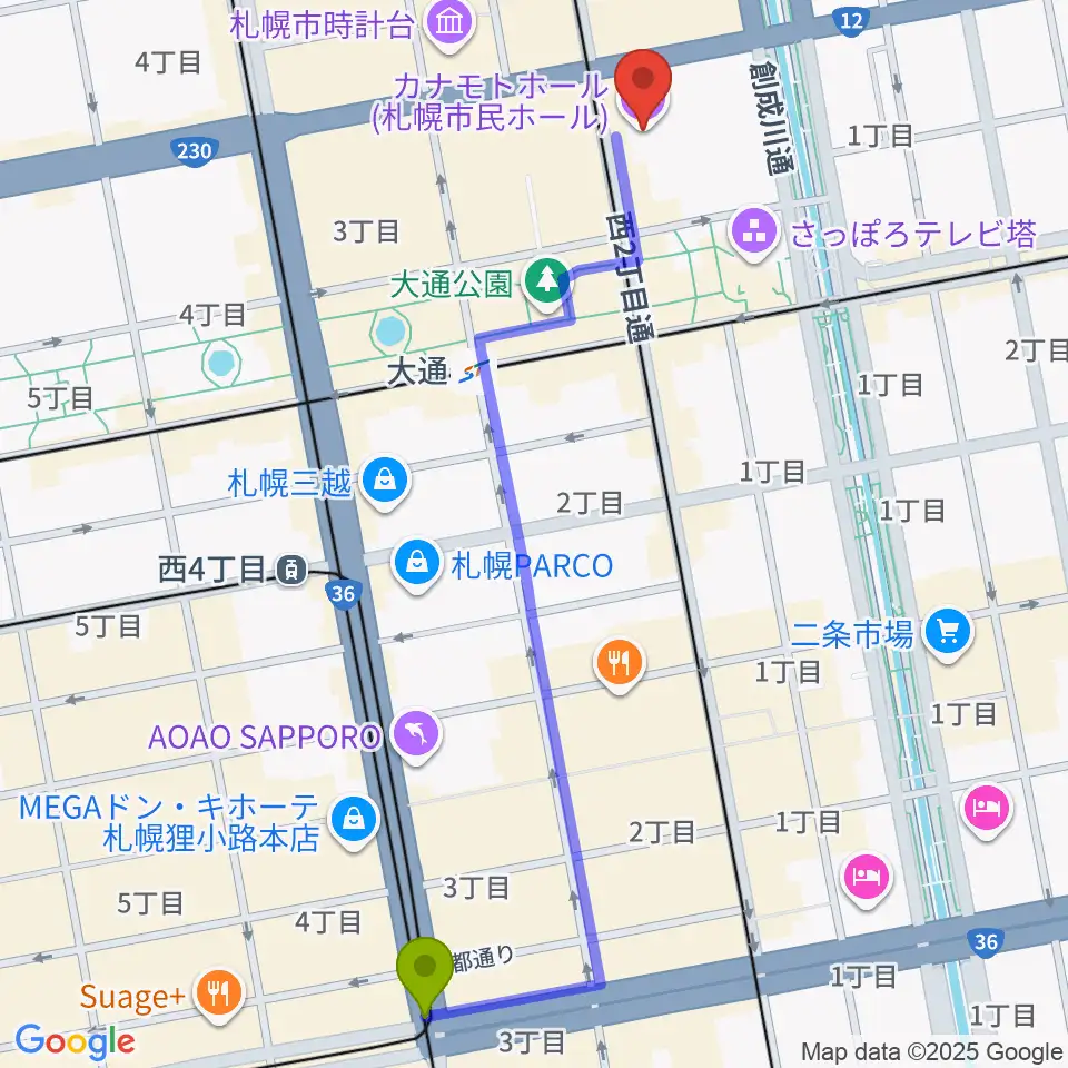 すすきの駅から札幌カナモトホールへのルートマップ地図
