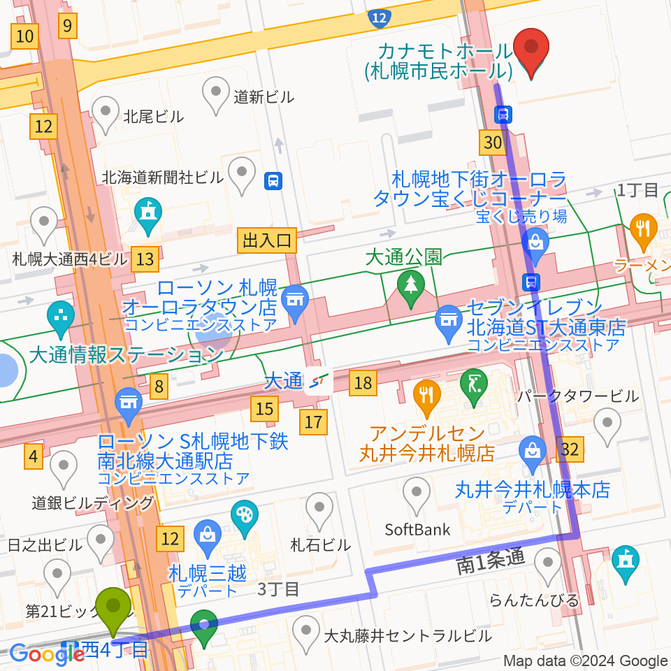 西４丁目駅からカナモトホール（札幌市民ホール）へのルートマップ地図