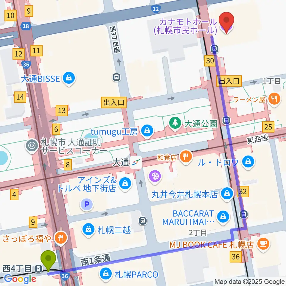 西４丁目駅からカナモトホール（札幌市民ホール）へのルートマップ地図