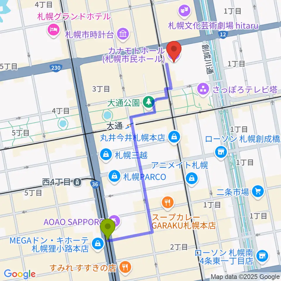 狸小路駅からカナモトホール（札幌市民ホール）へのルートマップ地図