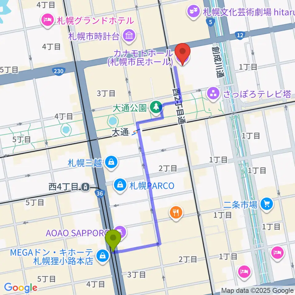 狸小路駅から札幌カナモトホールへのルートマップ地図