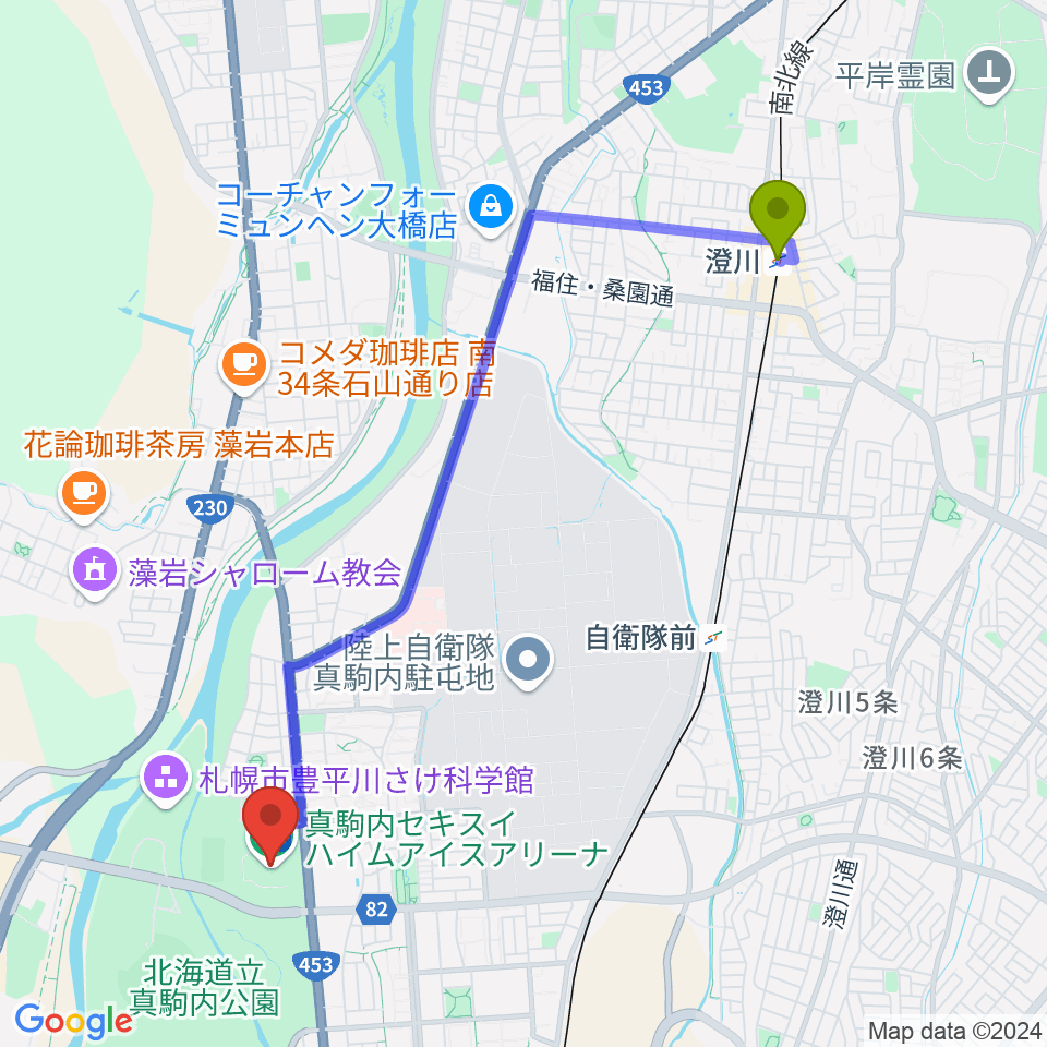 澄川駅から真駒内セキスイハイムアイスアリーナへのルートマップ地図