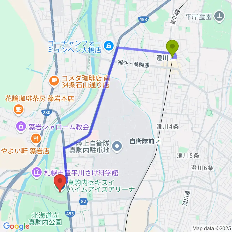 澄川駅から真駒内セキスイハイムアイスアリーナへのルートマップ地図