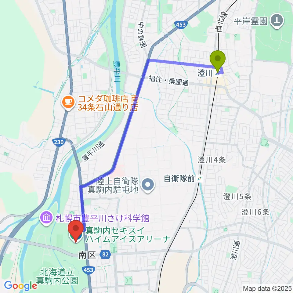 澄川駅から真駒内セキスイハイムアイスアリーナへのルートマップ地図
