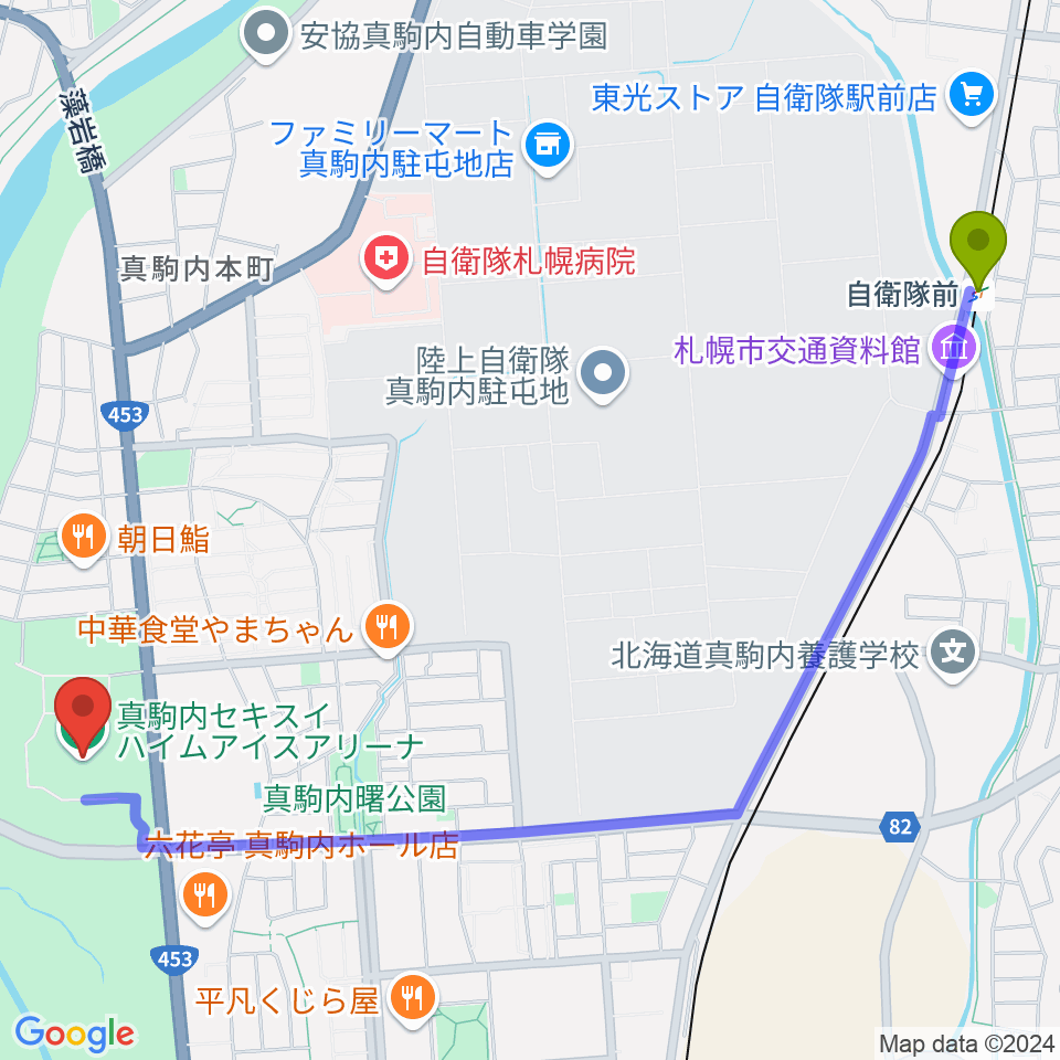 自衛隊前駅から真駒内セキスイハイムアイスアリーナへのルートマップ地図