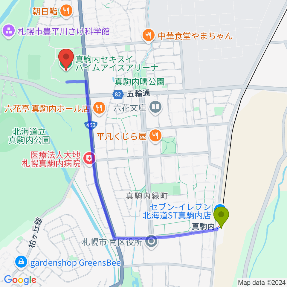 真駒内セキスイハイムアイスアリーナの最寄駅真駒内駅からの徒歩ルート（約22分）地図