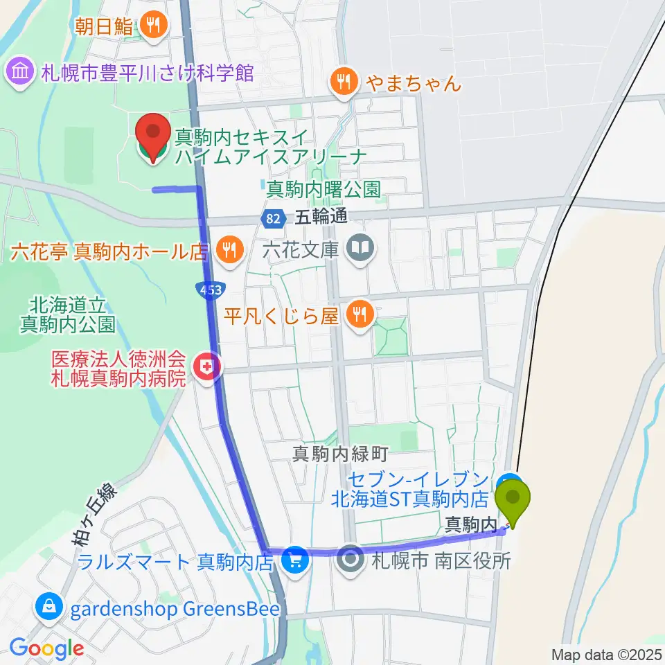 真駒内セキスイハイムアイスアリーナの最寄駅真駒内駅からの徒歩ルート（約22分）地図