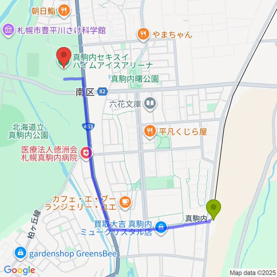 真駒内セキスイハイムアイスアリーナの最寄駅真駒内駅からの徒歩ルート（約22分）地図
