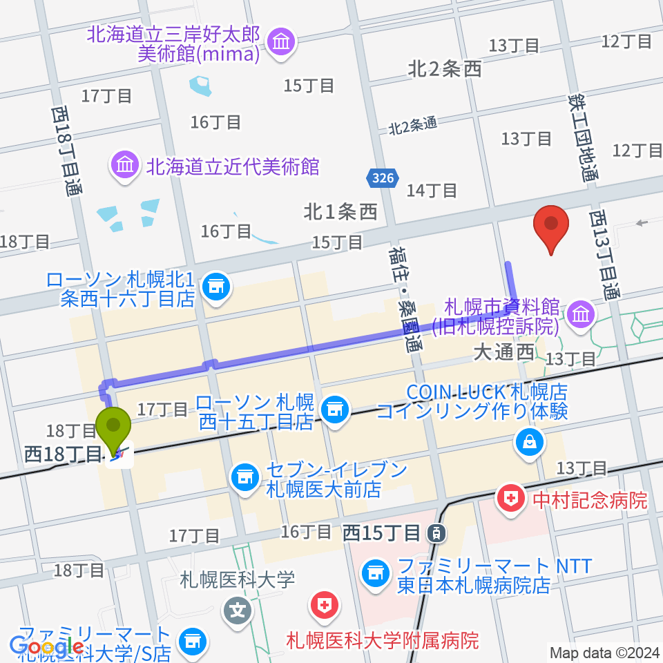 西１８丁目駅から札幌市教育文化会館へのルートマップ地図