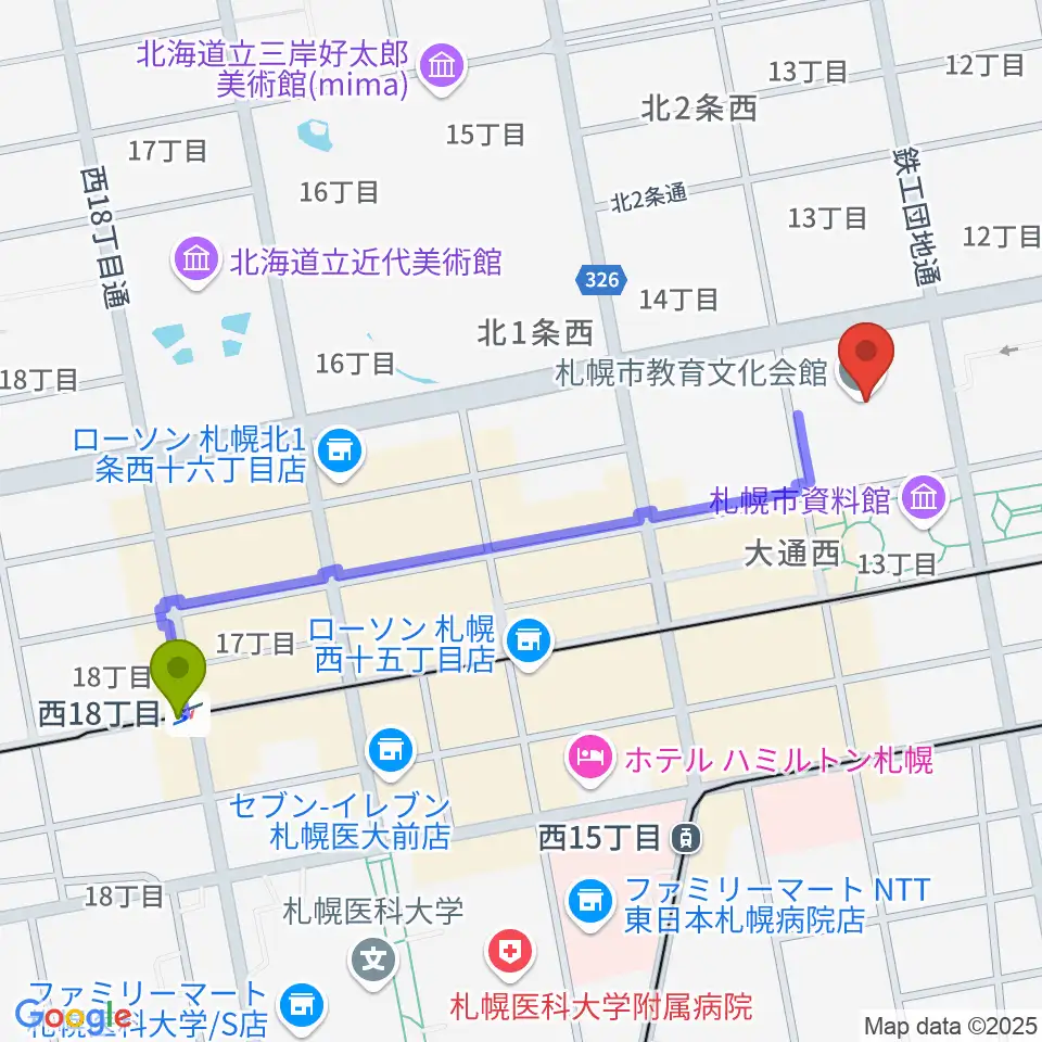 西１８丁目駅から札幌市教育文化会館へのルートマップ地図