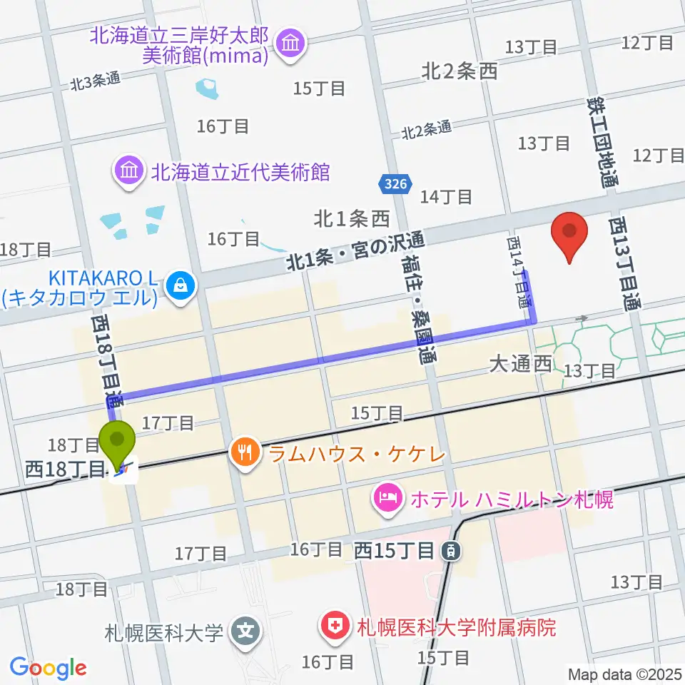 西１８丁目駅から札幌市教育文化会館へのルートマップ地図