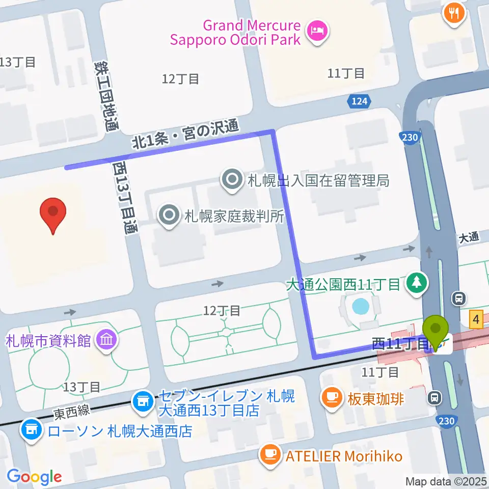 西１１丁目駅から札幌市教育文化会館へのルートマップ地図