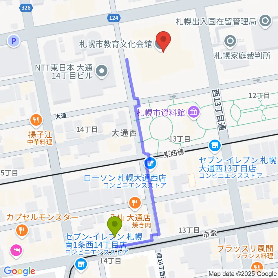 札幌市教育文化会館の最寄駅西１５丁目駅からの徒歩ルート（約5分）地図