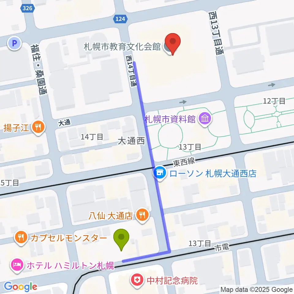 札幌市教育文化会館の最寄駅西１５丁目駅からの徒歩ルート（約5分）地図
