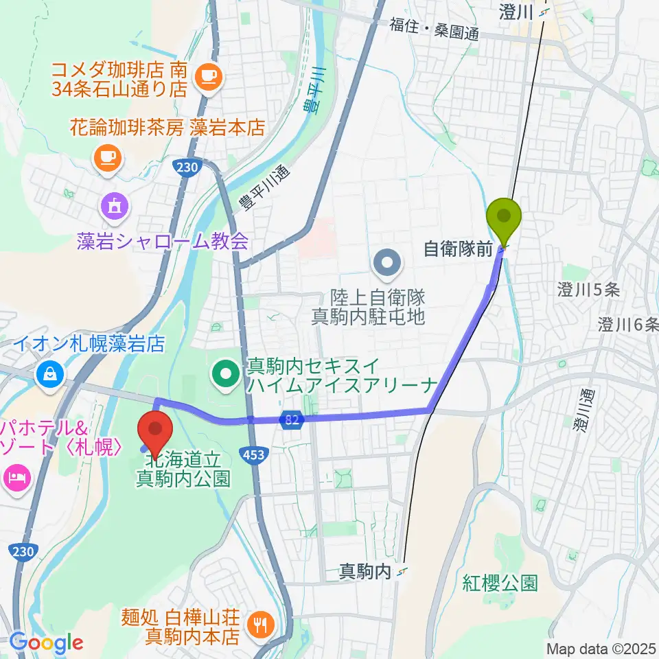 自衛隊前駅から真駒内セキスイハイムスタジアムへのルートマップ地図