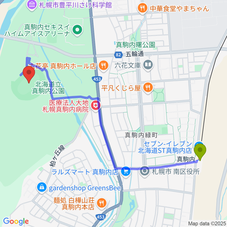 真駒内セキスイハイムスタジアムの最寄駅真駒内駅からの徒歩ルート（約23分）地図