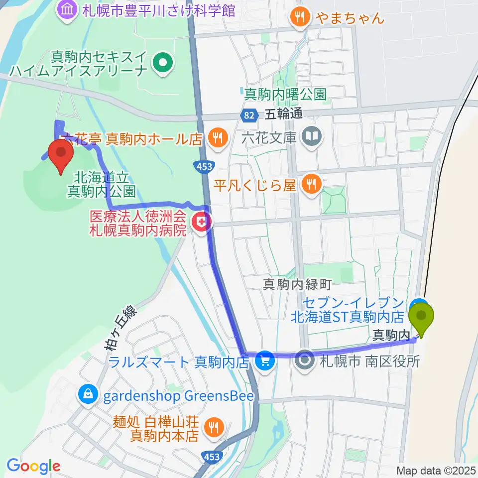 真駒内セキスイハイムスタジアムの最寄駅真駒内駅からの徒歩ルート（約23分）地図