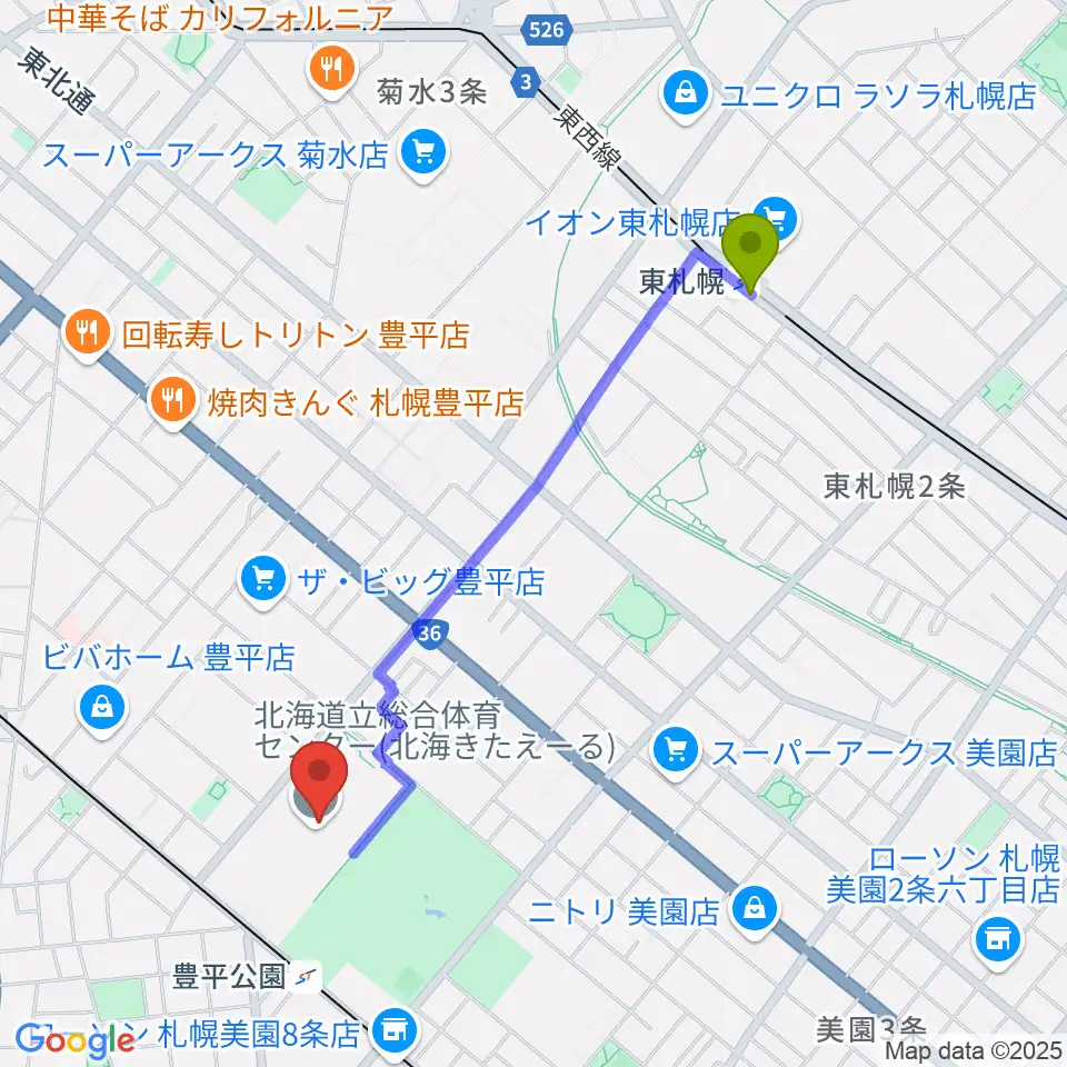 東札幌駅から北海きたえーるへのルートマップ地図