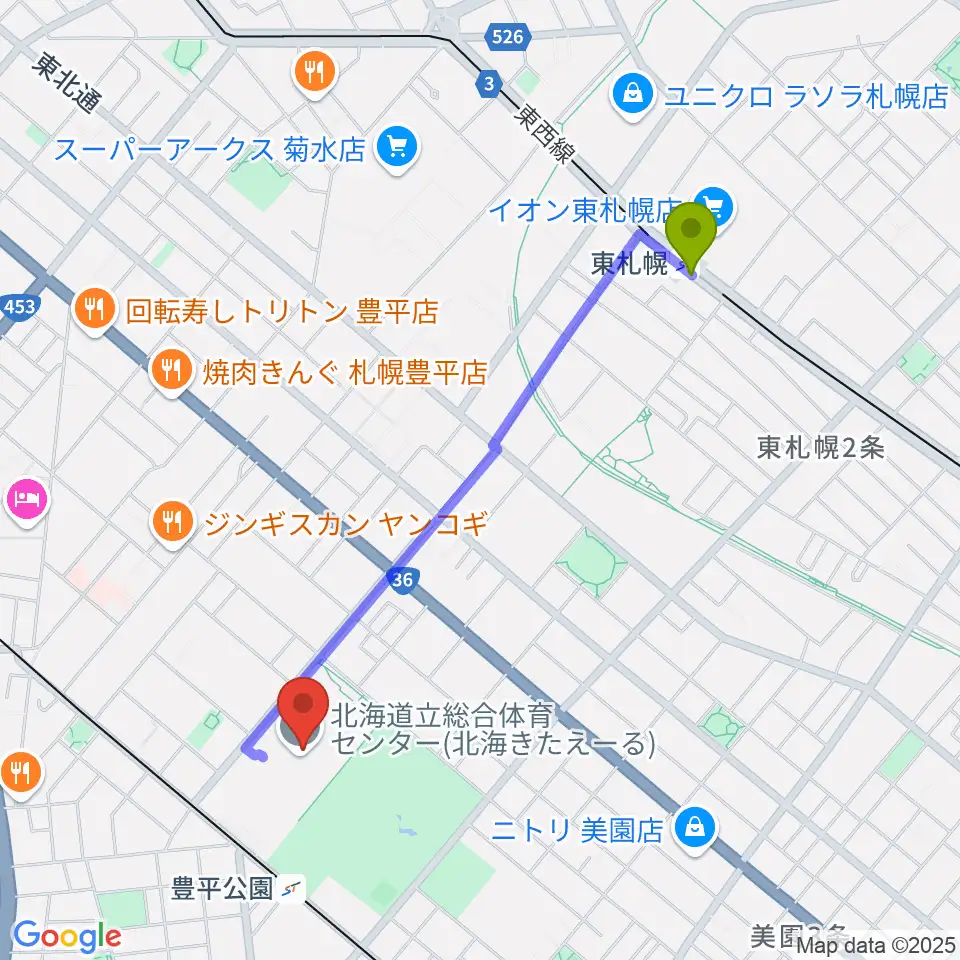 東札幌駅から北海きたえーるへのルートマップ地図