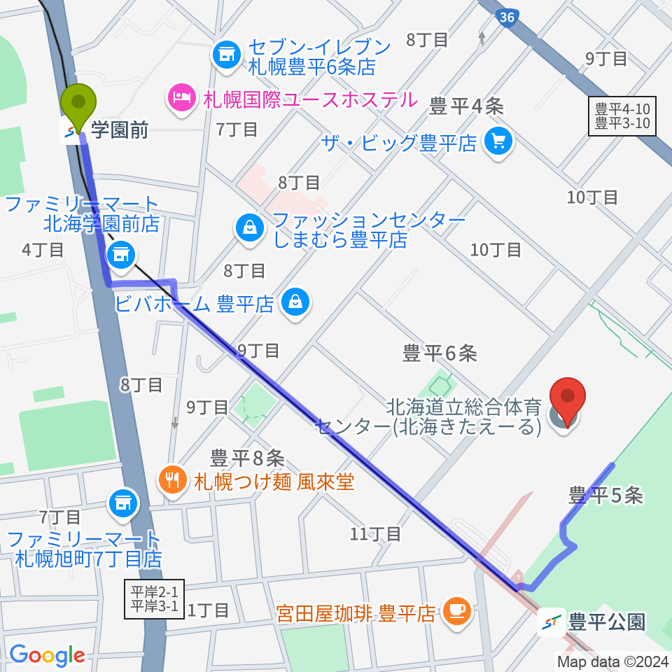 学園前駅から北海きたえーるへのルートマップ地図