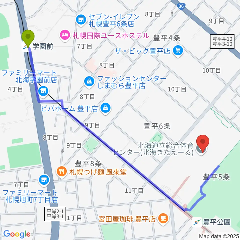 学園前駅から北海きたえーるへのルートマップ地図