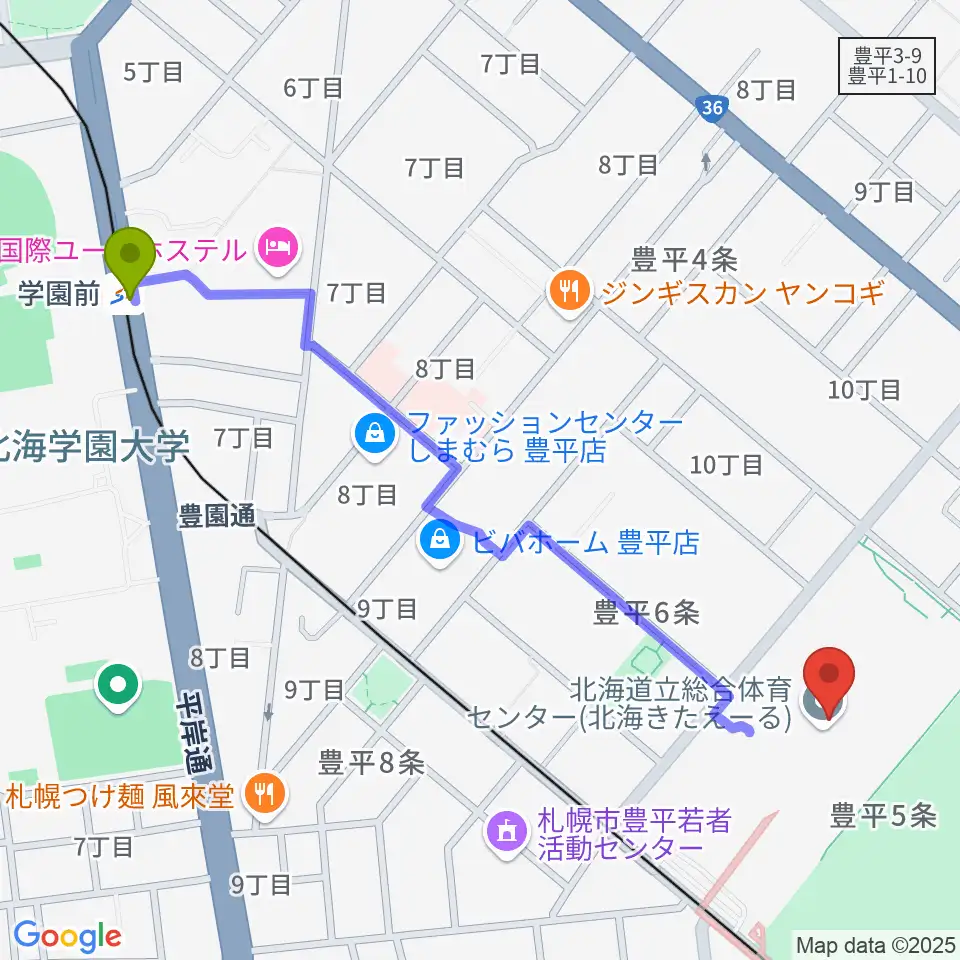 学園前駅から北海きたえーるへのルートマップ地図